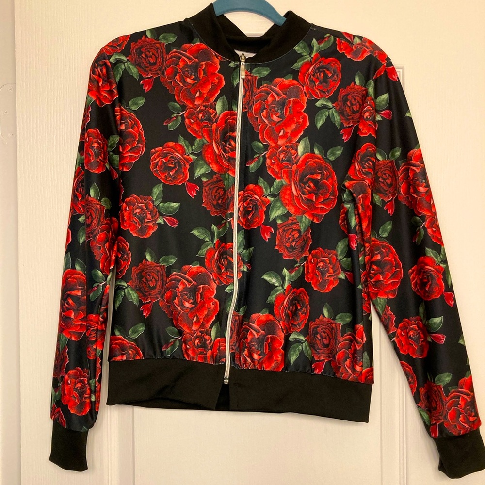 Rose-Printed, Stretch Bomber Jacket